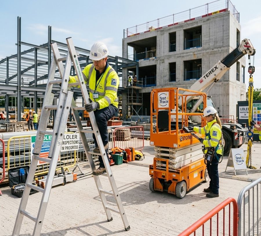 Inspector examining a ladder on a construction site in Kent
