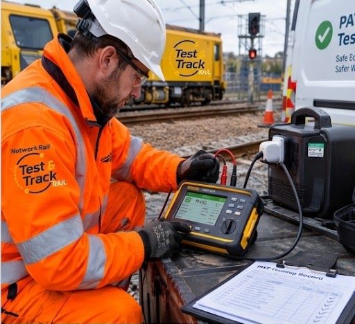 Technician testing rail equipment trackside